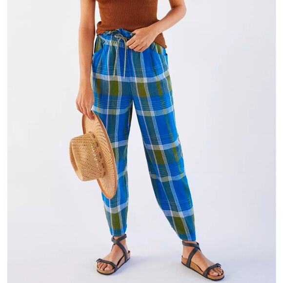Anthropologie Plaid Tapered Linen Blend Beach Ankle Pants,  Size Medium, EUC - Picture 1 of 16